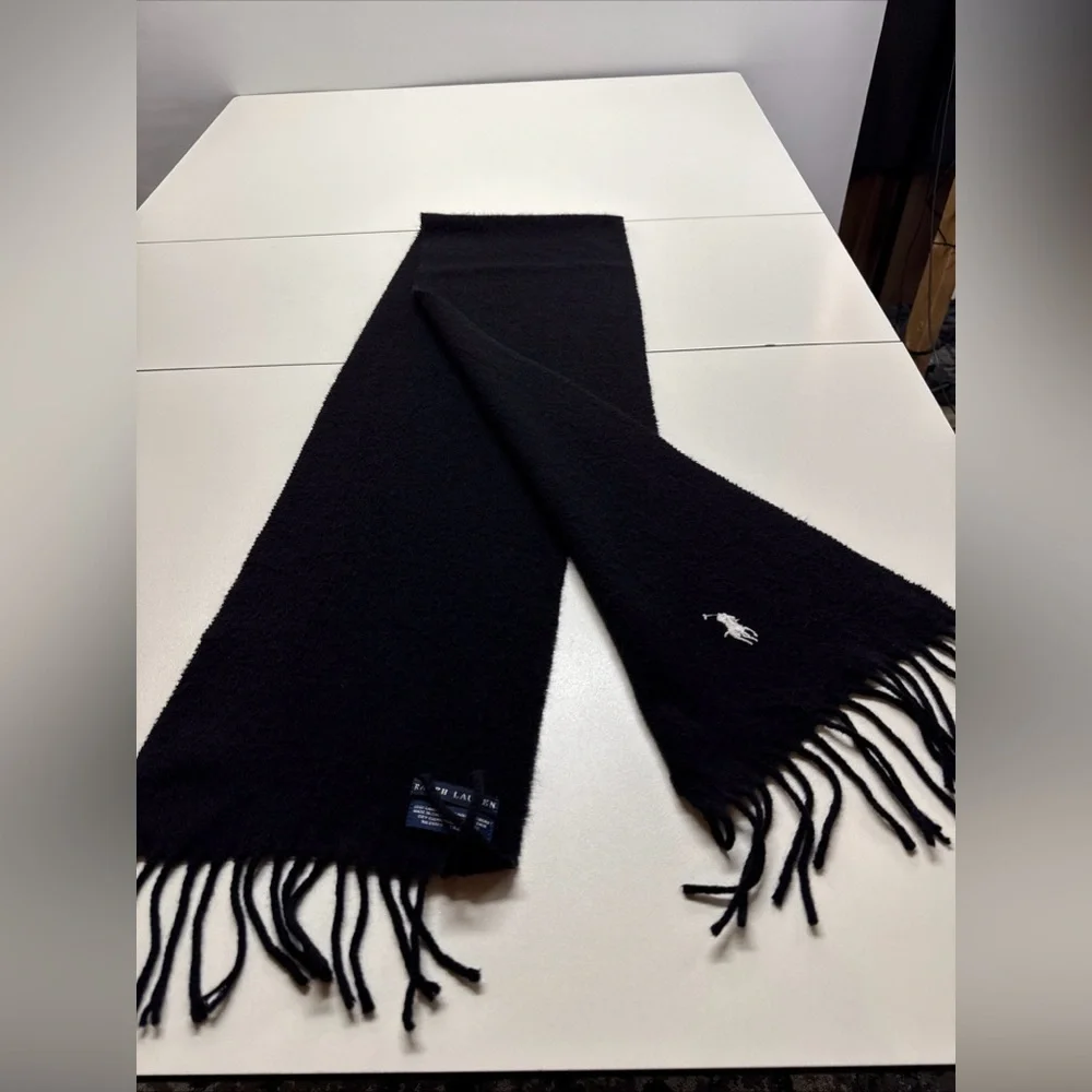 VTG Ralph Lauren Men’s Black 100% Lambswool Neck Scarf‎ Wool Made Italy Preppy